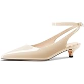 TNYNFBEB Womens Low Kitten Heel Pointed Toe Pumps Slingback Ankle Strap Buckle Prom Party Dress Cute Patent Leather 1.4 Inches Heels