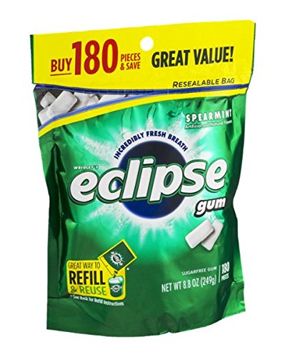 ECLIPSE SPEARMINT CHEWING GUM SUGAR FREE, MINT GUM BULK PACK, 8.8 OUNCE (180 PIECE BAG)