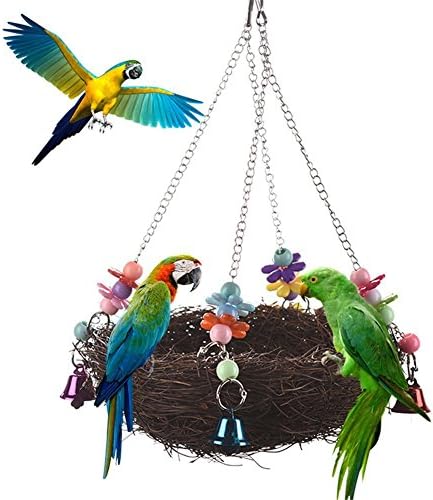 Natural Rattan Nest Bird Swing Toy with Natural Rattan Nest Flowers and Bells for Parrot Cockatoo Macaw Amazon African Grey Budgie Parakeet Cockatiel Cage Perch (L)