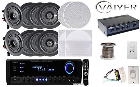 Vaiyerkits Home in Wall/in Ceiling Home Theater System Including 8 150W 5.25" Speakers, 1 Digital Home Stereo Receiver, 1 Remote, 4 Volume Controls 1 250 ft. Wire & 1 Bluetooth Music Receiver