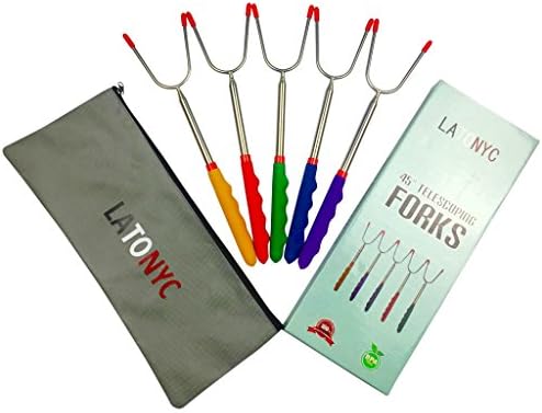 LATONYC Premium Marshmallow Roasting Sticks 45-Inch Extendable Skewers Telescoping BBQ Forks & Hot Dogs Smores Outdoor Cooking Tools Fire Pit Camping Cookware Campfire Cooking, Kids Accessories
