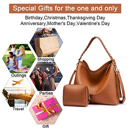 LOVEVOOK Sacs à main femme grand sac à bandoulière en simili cuir sac à bandoulière avec glands designer sac hobo lot de 2 petit sac cosmétique Marron