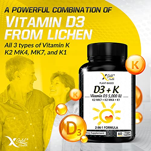 Vitamin D3 5000 IU Plant Based from Lichen + Vitamin K2 MK7, K2 MK4