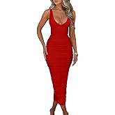 BEAGIMEG Women's Sexy Ruched Sleeveless Deep V Elegant Cocktail Evening Party Maxi Dress