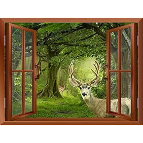 Deers in a Mystical Forest Outside of an Open Window | Removable Wall Sticker/Wall Mural - 36"x48"