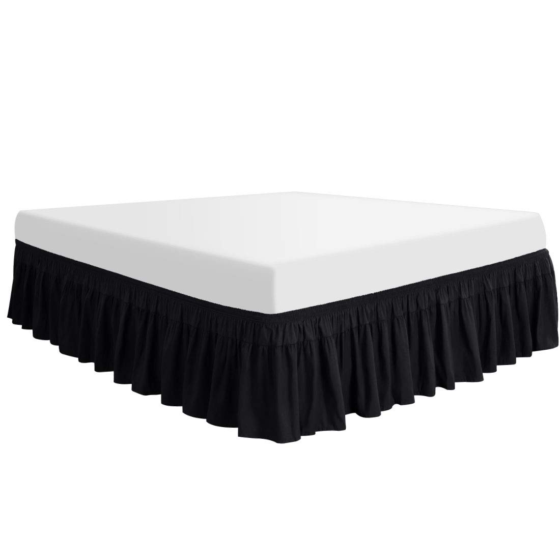 PiccoCasa Polyester Wrap Around Bed Skirt,Elastic Dust Ruffles Bedskirts,Fade & Wrinkle,No Lift Mattress,Three Fabric Sides with 16 Inch Drop Black Queen