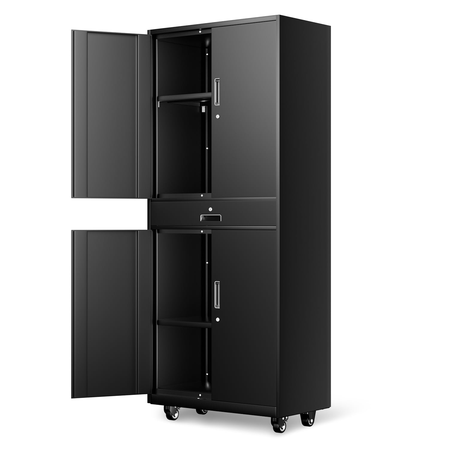 Photo 1 of DNA MOTORING Metal Storage Cabinet, 73'' Rolling Garage Cabinet with 1 Drawer and Adjustable Shelves, Lockable Cabinet Heavy Duty Utility Cabinet for Garage,Office,Home,Gym, Black, TOOLS-00630-BK-BK