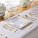 I00000 150PCS Gold plastic dinnerware set,White Gold Square Plates, Disposable Square Gold Plates Includes 25 Dinner Plates 25Dessert Plates 25Cups 25Plastic Cutlery for Christmas Party