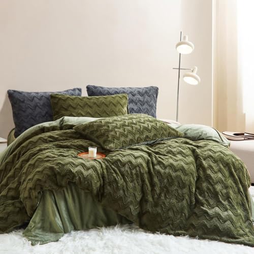 Freyamy Peluche - Copripiumino 200 x 200 cm, colore verde ondulato, invernale, caldo, trapuntato, copripiumino 2 persone, Shaggy, finta pelliccia con cerniera in flanella, biancheria da letto con 2