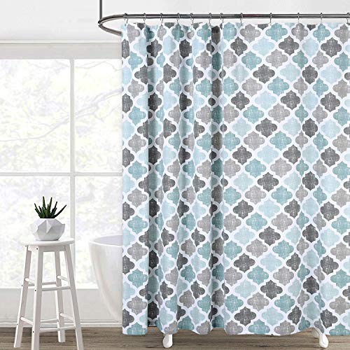 CAROMIO Fabric Shower Curtain 84 Inch Long, Geometric Quatrefoil Pattern Poly-Cotton Farmhouse Shower Curtain Extra Long, Aqua/Mint/Grey, 72x84 Inches