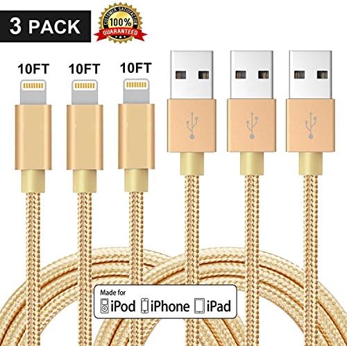 iPhone Cable,Lightning Cable Nylon Braided USB Data Cable 3 Pack[10FT,10FT,10FTt]Fast Charge Data Transmission Stable Support iPhone X /8/8 Plus/7/7 Plus/6/6S/6 Plus/6S Plus/5S/5C/5SE/iPad/iPod(Gold)