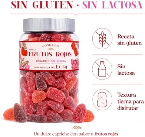 Gominolas Frutos Rojos 1,2 kg Bote Grande. Surtido de Caramelos de Goma Fresa Uva Cereza, Chuches Blandas Sin Gluten y Sin Lactosa, Ideal para Fiestas Cumpleaños Candy Bar.