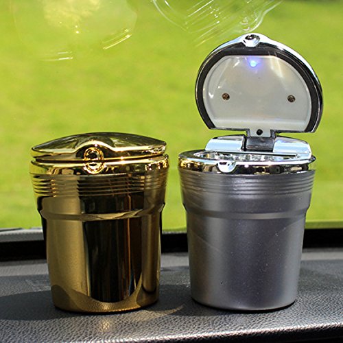 Follicomfy Car Cigarette Ashtray Auto Portable Smokeless Cup Holder Cylinder With Blue LED Light,Gold