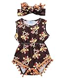 Baby Girls Sleeveless Full Thanksgiving Turkeys Print Pom Pom Romper with Headband (0-6M, Coffee)