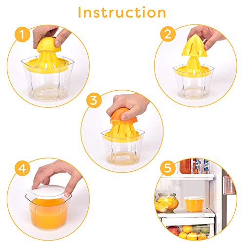 Citrus Lemon Orange Manual Juicer, Multifunctional Hand Squeezer with Built-in Measuring Cup, Grater and Strainer, and Containing Silicone Ice Cube Trays, for Oranges, Lemons, Limes & More (14 OZ)