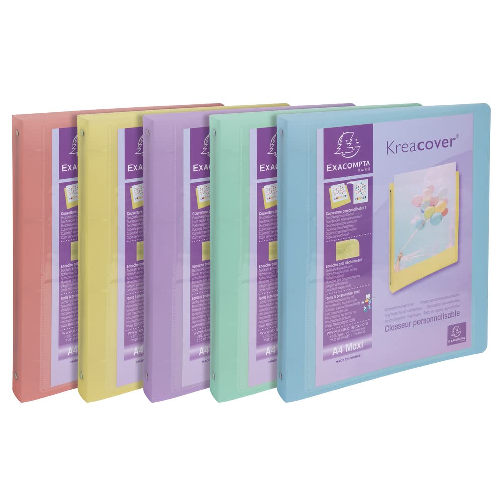 Exacompta - Ref. 51779E - 1 Set of 5 Kreacover Pastel Semi-Rigid Binders in Translucent Polypropylene - 4 Rings Diam 30 mm - Outer Size 32 x 26.8 cm