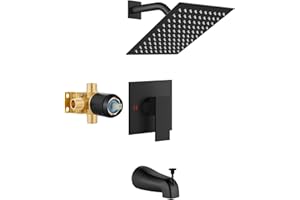 Airuida Shower Faucet Set with Tub Spout Bathtub Faucet Kit Complete Tub Shower Trim Kit with Solid Brass Rough-in Valve and 8 Inch Square Rainfall Showerhead Bent Shower Arm Matte Black