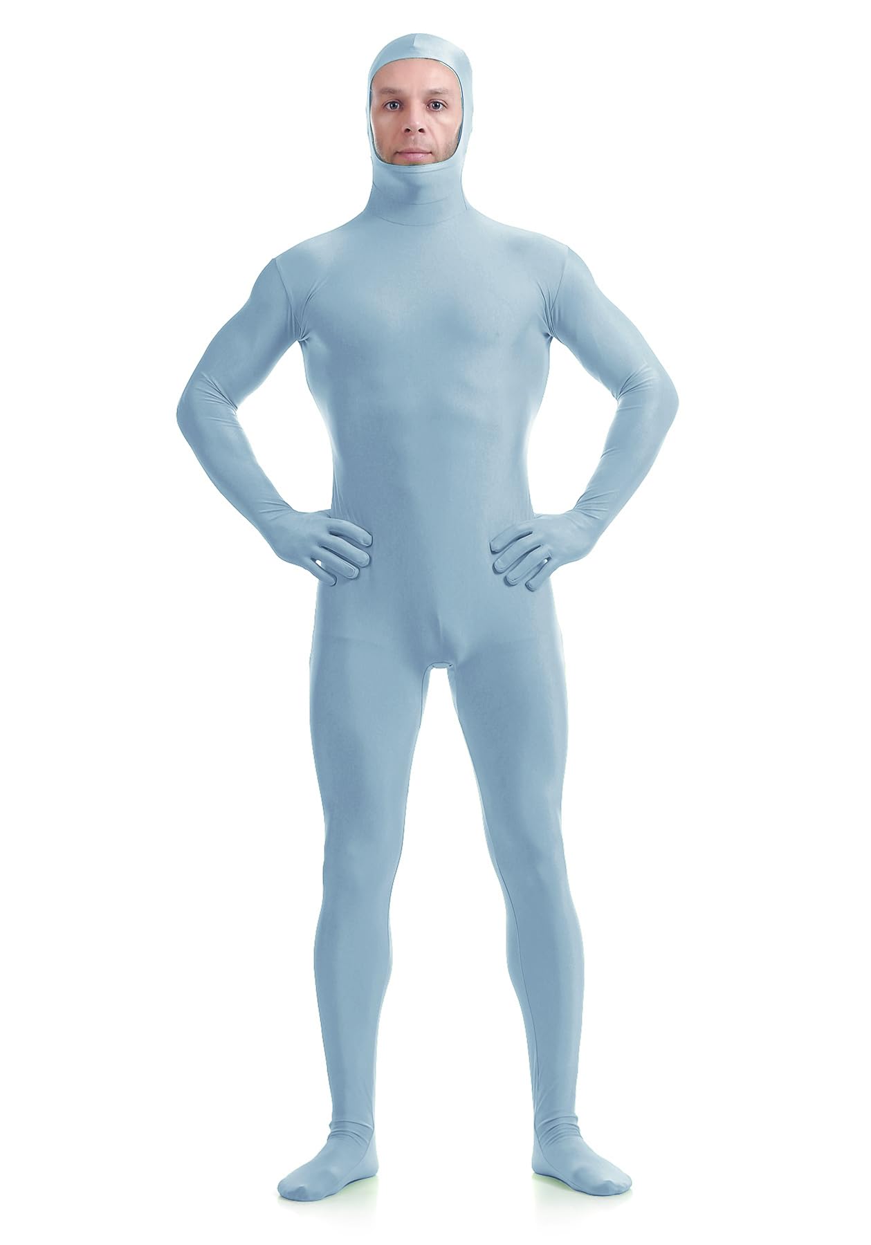 Photo 1 of (BUSINESS ATTIRE) ATHX Men's and Women's Spandex Open Face Bodysuit Costume Adult Stretchy Halloween Cosplay Body Suit Zentai Suit Outfits (Baby Blue, Large)