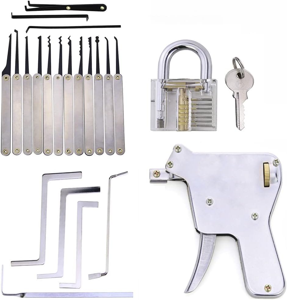 QiDAi Pick Training Kit 4 in 1 Transparent Lock with Lockpick Gun,Tension Wrench,15pcs Lock Pick Hook,Best Practice Set for Beginner