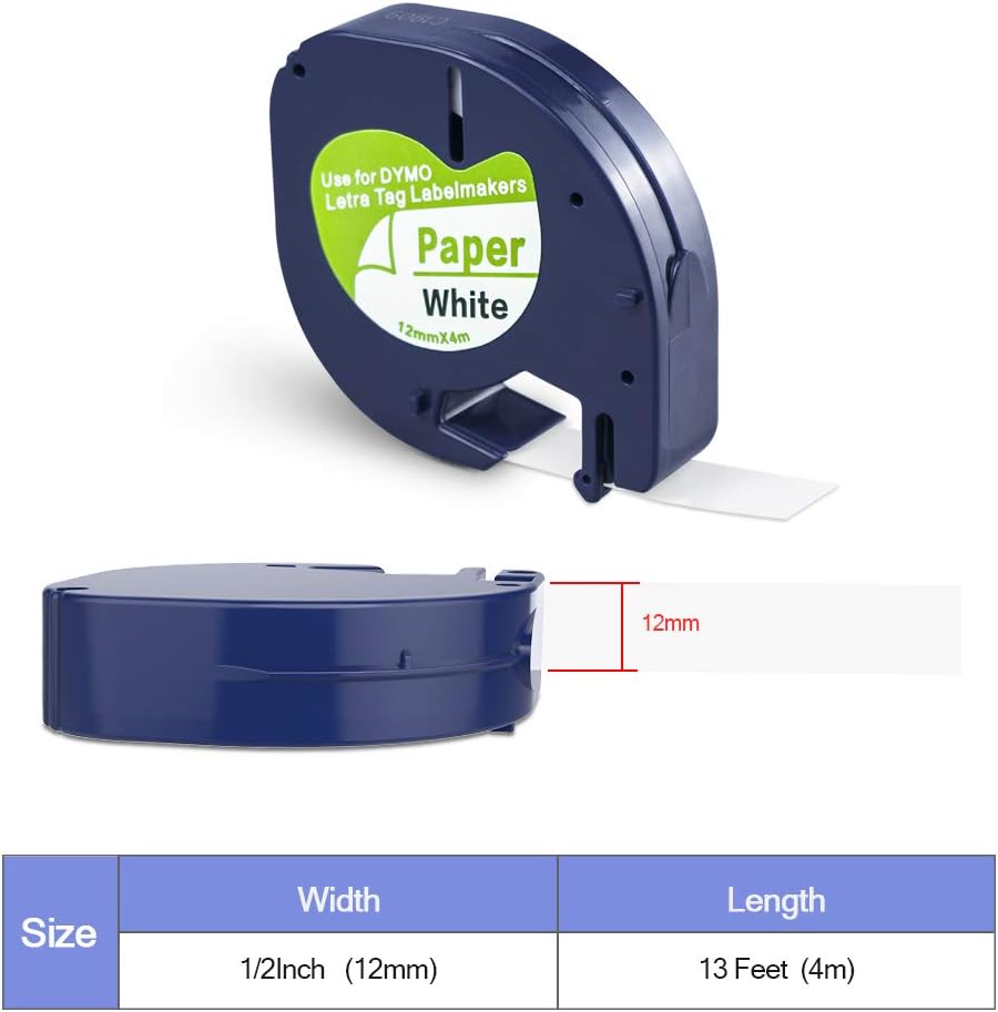 Camopro Compatible Label Tape Replace Dymo LetraTag Refills 91330 10697 (S0721510) LT Label Tape, Self-Adhesive Paper for DYMO LetraTag LT-100T LT-100H QX50 Label Maker, 1/2 Inch x 13 feet, 5 Pack: Office Products