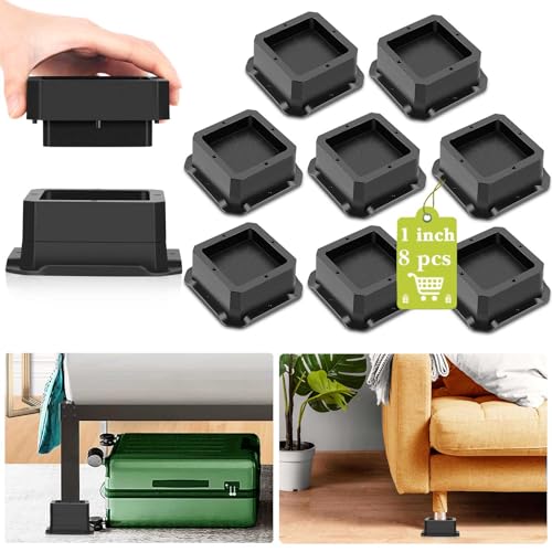 Yookwutar 8 Pack Furniture Risers 1 Inch, Adjustable Bed Risers Heavy Duty for Table Desk Couch Chair Sofa Cabinet Bed Legs Dorm, Square Stackable Bed Raisers Blocks Lift Height 1" or 2", Black…
