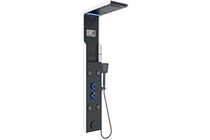 ELLO&ALLO LED Shower Panel Tower System with Shelf, Rainfall Shower Head and Rain Massage System with Body Jets, Stainless Steel Bathroom Fixtures, Matte Black&Slive