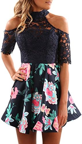Fubovd Women's Summer Floral Lace Dress Off Shoulder Mini Dress Beach Party Dress (XL, Multi)