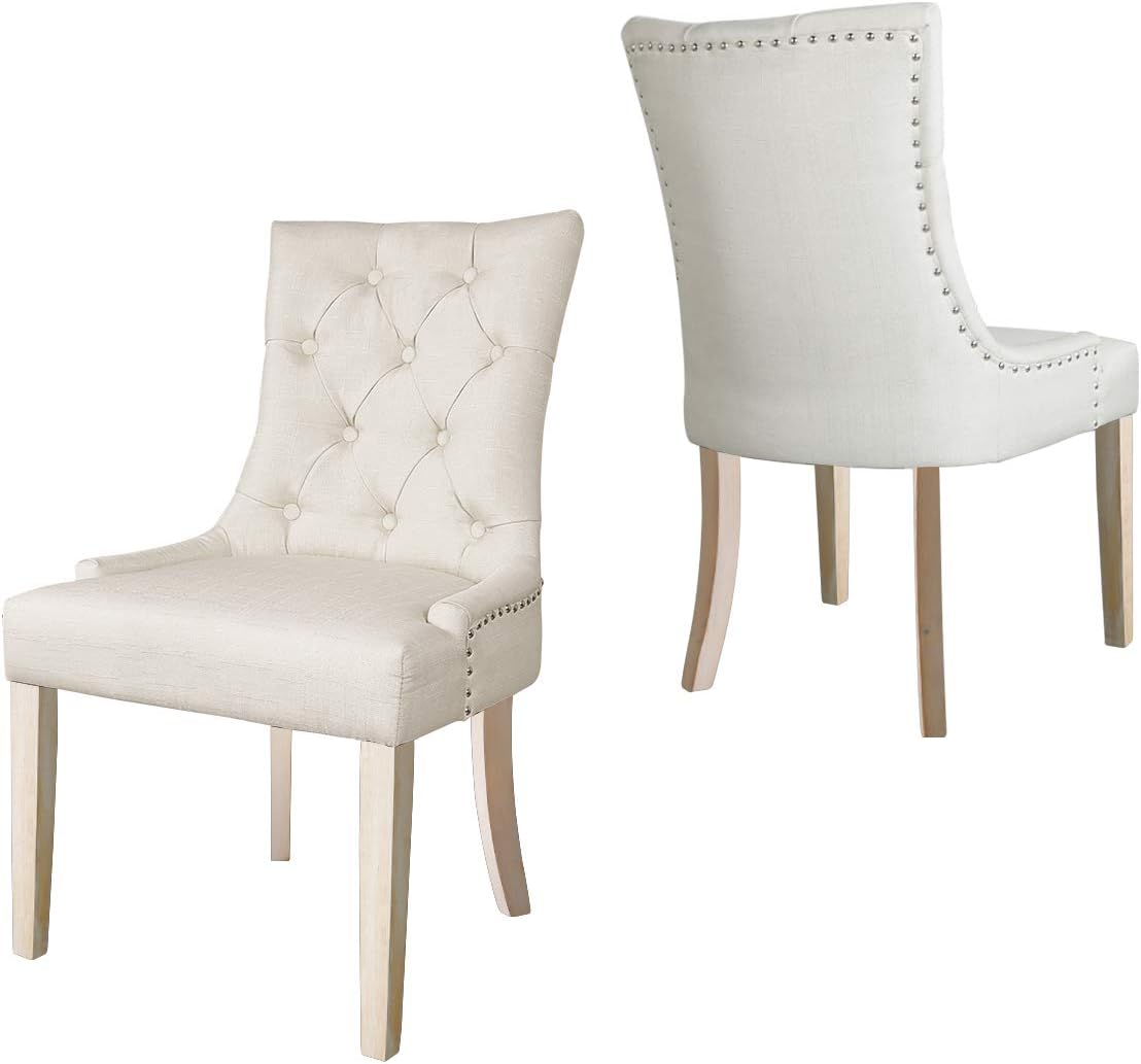 Dining Chairs Set of 2 Fabric Upholstered Lounge Chair Nailed Trim Leisure Padded with Armrest Solid Wood Legs Kitchen Dining Furniture(Natural Leg-1)