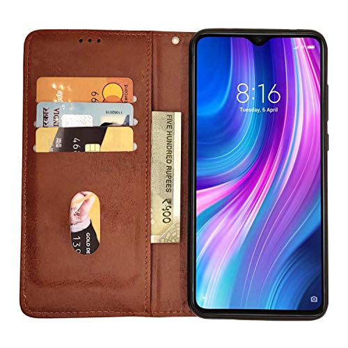 Pikkme Redmi Note 8 Pro Leather Flip Cover Wallet Case (Xiaomi Redmi Note 8 Pro, Brown)