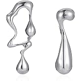 Vavhoo Irregular Waterdrop Earrings Mismatched Melting Liquid Asymmetrical Stainless Steel Ear Studs for Women