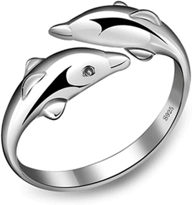 HeNai 925 Sterling Silver Double Dolphin Opening Adjustable Rings Gift New+Gift Box