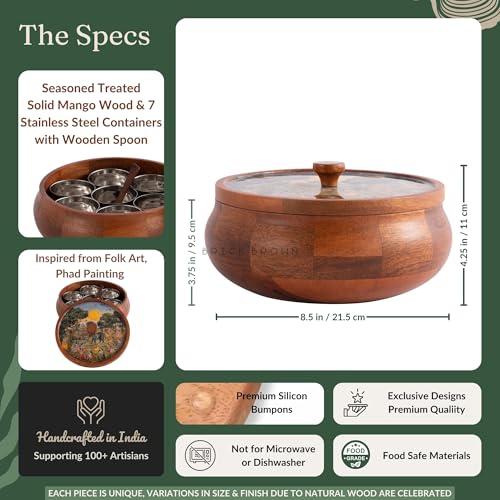 Brick Brown ® Wooden Enamel Coated Saga Masala Box for Kitchen | Spice Box | Spice Jars | Spice Rack & Masala Dani Organizer Storage Box with 7 Containers and 1 wooden spoon (8.5x4.2 inch)