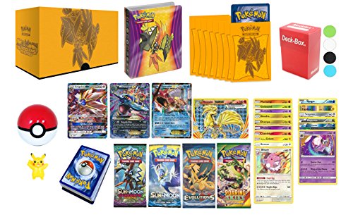 Pokemon Cards Premium Collection: 1 GX, 1 EX, 1 Mega EX, 1 Break Evolution, 6 Holo Foils, 10 Rares 120HP+, 4 Booster Packs, Mini Album, 65 Elite Sleeves, Deck Box, Pokeball, Figure and Bonus