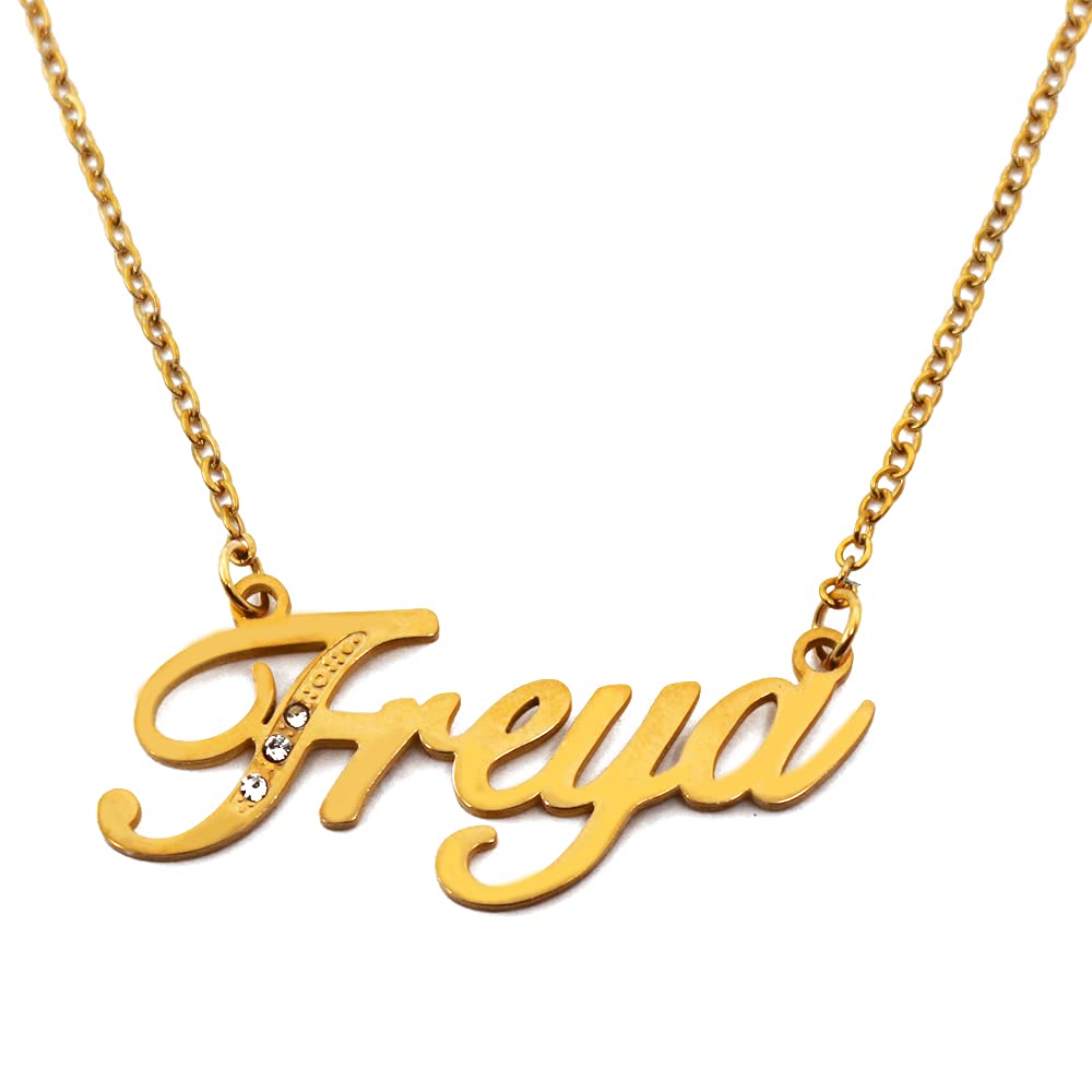 Kigu Name Necklace Freya - Gold Tone - Custom Name Necklace - Personalised Jewellery for Ladies- Customised Jewellery for Girls- Custom Pendant Freya