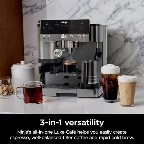 Ninja Luxe Premier ES601UK 3-in-1 Coffee Maker with Grinder and Frother for Latte, Cappuccino, Cold Brew & Espresso, Easy to Use, 4 Presets for Frothing, Silver, 2 Years Warranty