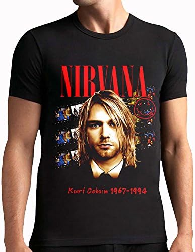 Plusasa Men's Punk Rock Nirvana Kurt Cobain Classic Printed Casual Top T-shirt, Black Large
