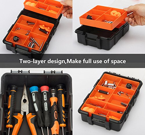 TOOLTOO Heavy-duty Tool Storage Box Organizer Detachable 10 Slots Plastic Tool Storage Box Two-layer Components Storage Box, Black and Orange