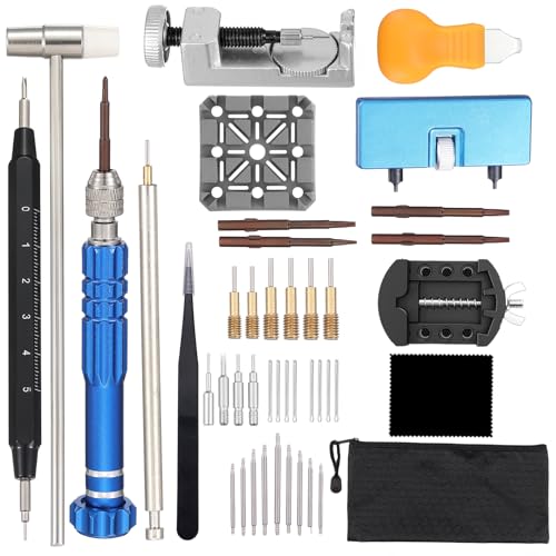 MARVLLGGOSO Watch Repair Kit with Canvas Storage Bag, Spring Bar Tool, 5-in-1 Screwdriver, Link Remover, Hammer, Case Opener, Tweezers, Watch Holder, Pry Tool, Cleaning Cloth, 15 Pins + 18 Sizes Spring Bars for Watch Battery Replacement & Band Adjustment