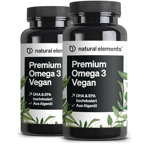 natural elements Premium Omega 3 Vegan (2er Set)– 2x 60 Kapseln – 2000mg Algenöl, 800mg DHA und 400mg EPA pro Tagesdosis – Omega-3 für Veganer – hochd