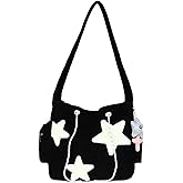 Corduroy Crossbody Bag for Women Y2k Aesthetic Star Patches Messenger Bag Cute Shoulder Tote Bag with Kawaii Pendant