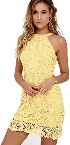 Round Neck Sleeveless Slim Neck Dress Summer Lace Sleeveless Dress Plus Sexy (L, Yellow)