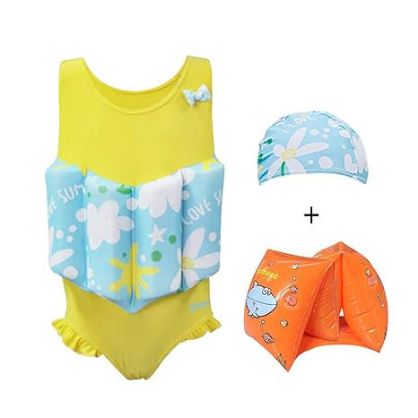 LPATTERN Kinder Mädchen Bojen-Badeanzug- 3 Teilig Badebekleidung (Einteiler Badeanzug mit entnehmbar Polster+ Mütze+ Schwimmf