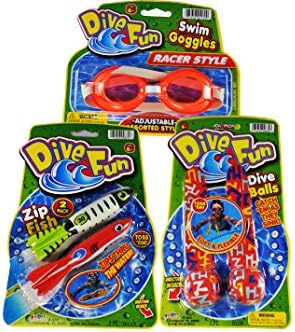 Pool Party Toys Bundle Combo. 6 Dive Fun swim Goggles, 2 Dive Ball and 1 Zip Fish. Great Pool Birthday Party Favors. For boys and girls. COLORS MAY VARY