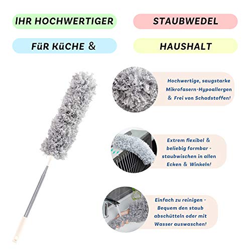 HAKACC Staubwedel Teleskop, Mikrofasern Staubwischer 2 Graue Mikrofaserköpfe mit 1 Edelstahl Teleskopstange Staubdesen Entfernt Staub Spinnweben Extra Lang 78.8-210 cm