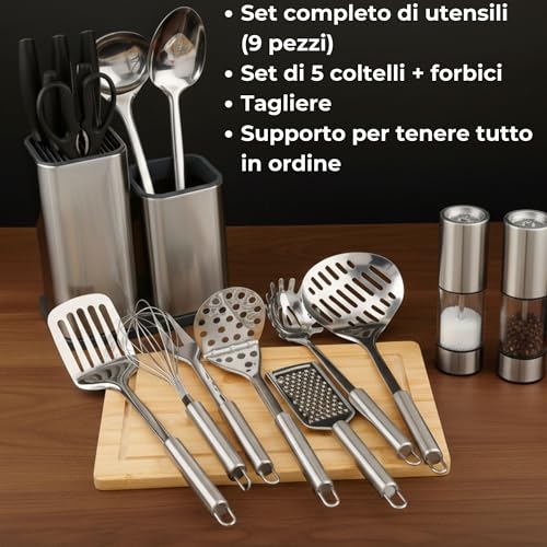 17-Piece Stainless Steel Kitchen Utensils Set with Professional Kitchen Knife Set, Professional Kitchen Chopping Board, Kitchen Knife Holder and Kitchen Accessories. Your Ideal Kitchen Kit