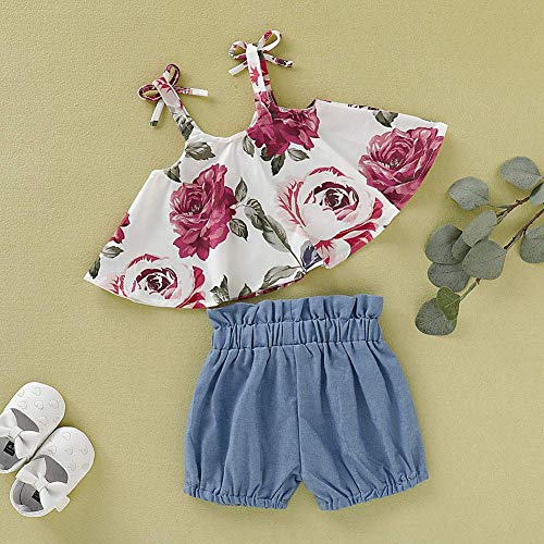 Toddler BabyÂ GirlsÂ FloralÂ StrapsÂ TankÂ Top + RuffleÂ Bowknot Jean Pant DenimÂ ShortsÂ Outfits Clothes Set (Floral Denim, 12-18 Months)