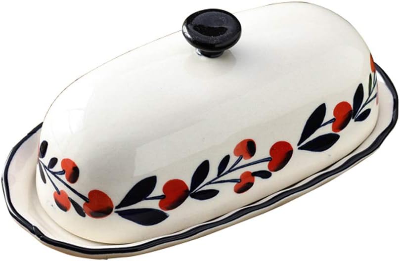 Lonovel Porcelain Butter Dish with Lid,Perfect for East West Butter,Vintage Floral Ceramic Butter Keeper Large Cover Stoneware Butter Dish for Kitchen Dining Storage,Butter Holder (Red Cherry)