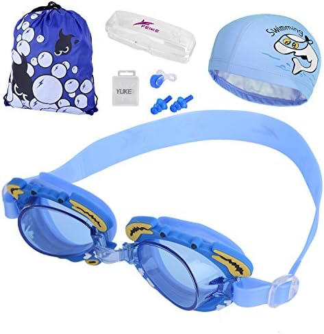 Kokome Toddler Swim Goggles, Swimming Cap and Goggles, Ajustable Swimming Goggles for Kids &amp; Dolphin Kids Swim Cap with Nose Clip, Earplugs, Swimming Kit Bag