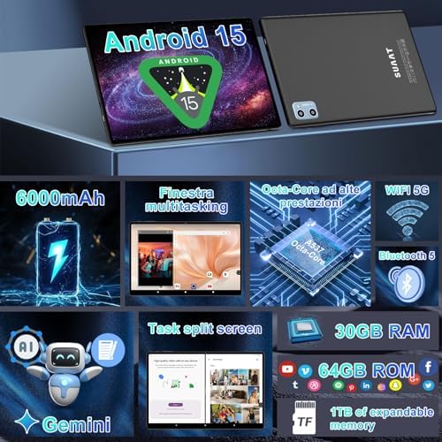 2026 Tablet Android 15 Octa Core con 64Go RAM + 2To TF Tablet 10 Pollici | 5G + 2.4G WiFi | FHD | GMS | Bluetooth 5.0 | 8MP + 5MP | Tipo C, Tablet Touch con custodia, Tastiera e Mouse - Nero