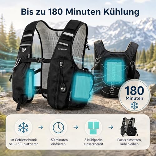 SAVIOR COOL Cooling Running Vest with Hydration Bladder 2L, 10L Hydration Backpack, 3 Cool Packs, 180 Min Cooling System, Reflective, for Men and Women | 2L water bladder, 3 cold sources